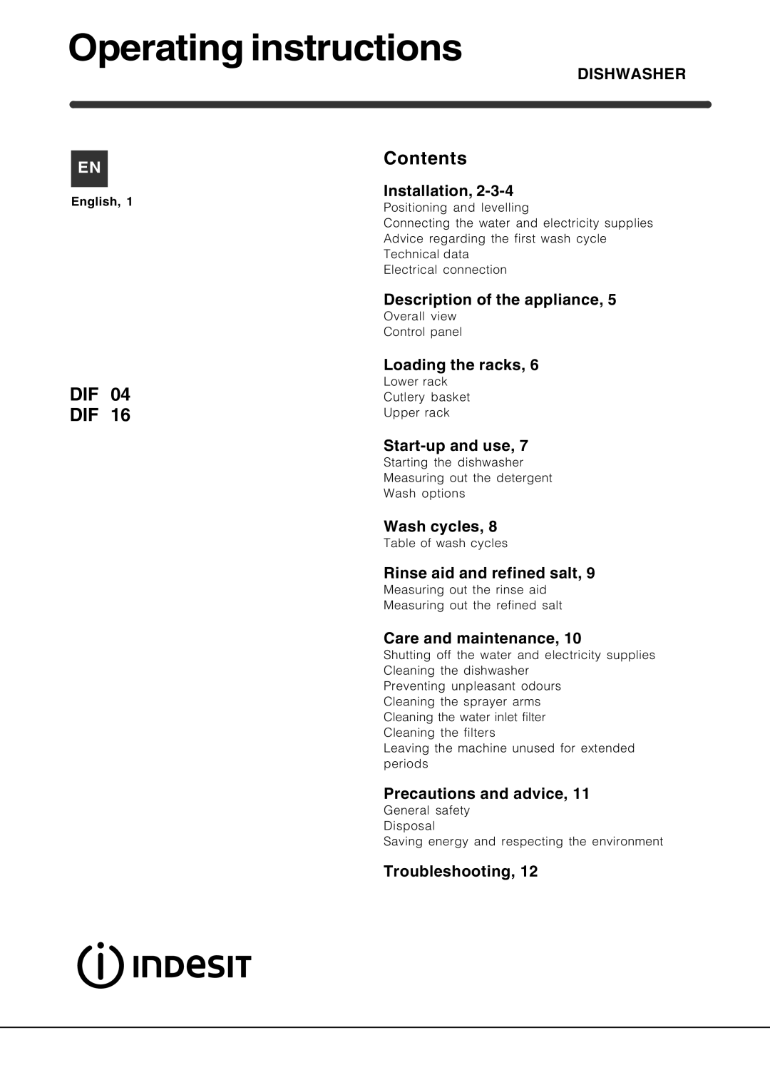 Indesit DIF 04, DIF 16 manual Operating instructions, Contents 