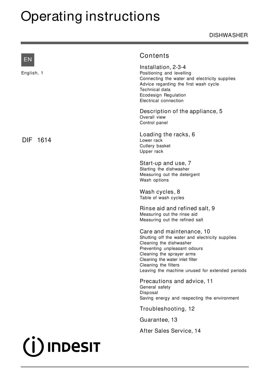 Indesit DIF 1614 operating instructions Operating instructions, Contents 