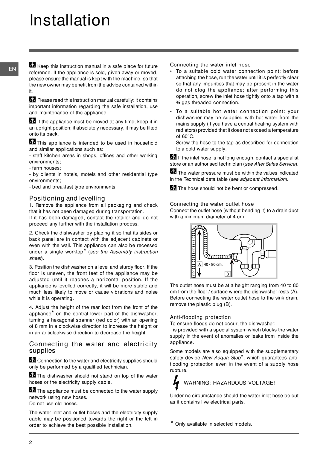 Indesit DIF 1614 Installation, Positioning and levelling, Connecting the water and electricity supplies 