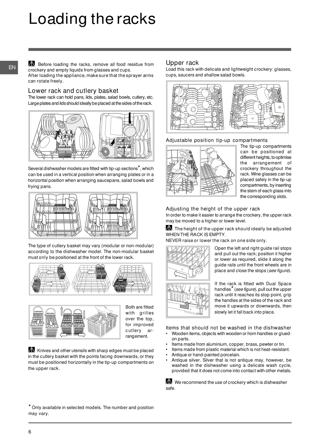 Indesit DIF 1614 operating instructions Loading the racks, Lower rack and cutlery basket, Upper rack 