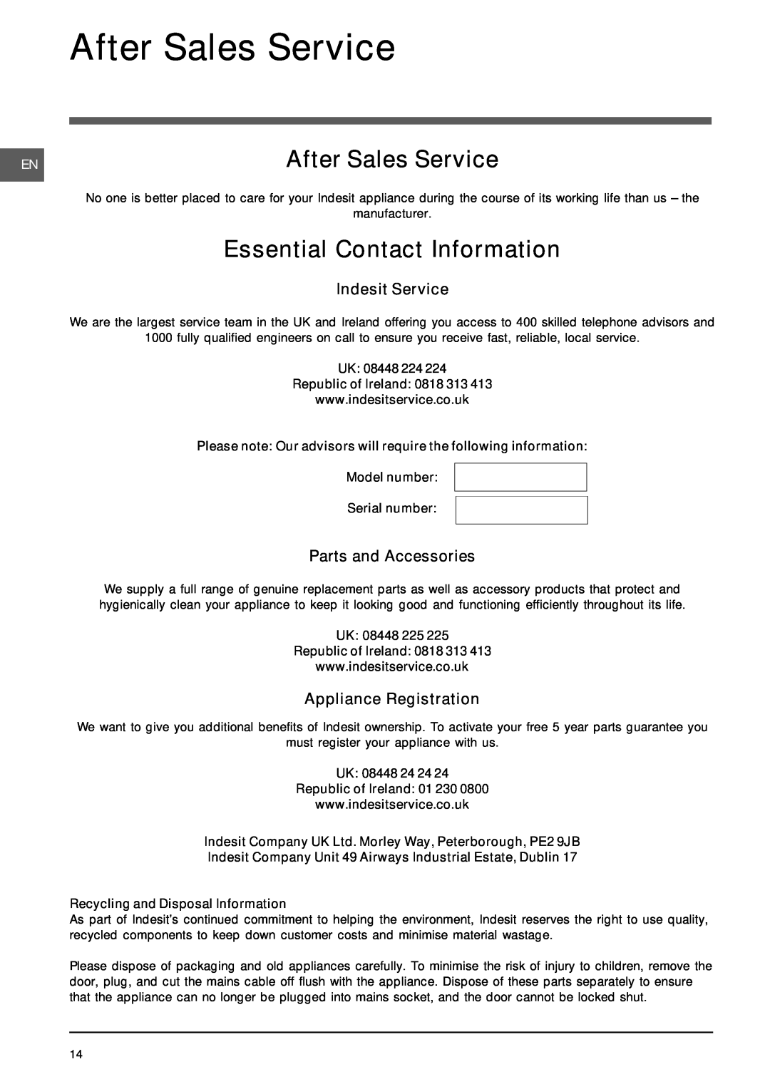 Indesit DIF 1614 operating instructions After Sales Service, Essential Contact Information 