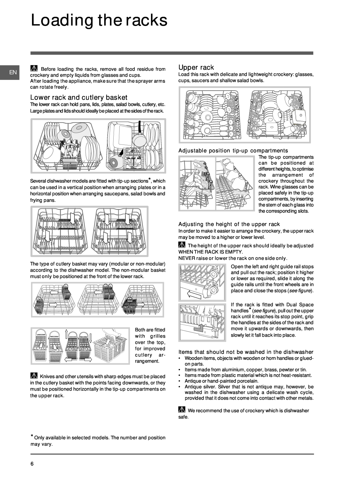 Indesit DIF 1614 operating instructions Loading the racks, Lower rack and cutlery basket, Upper rack 