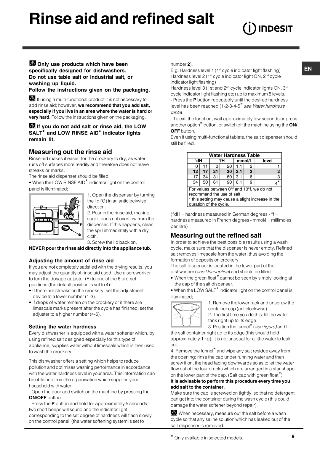 Indesit DIS 04 manual Rinse aid and refined salt, Measuring out the rinse aid, Measuring out the refined salt 