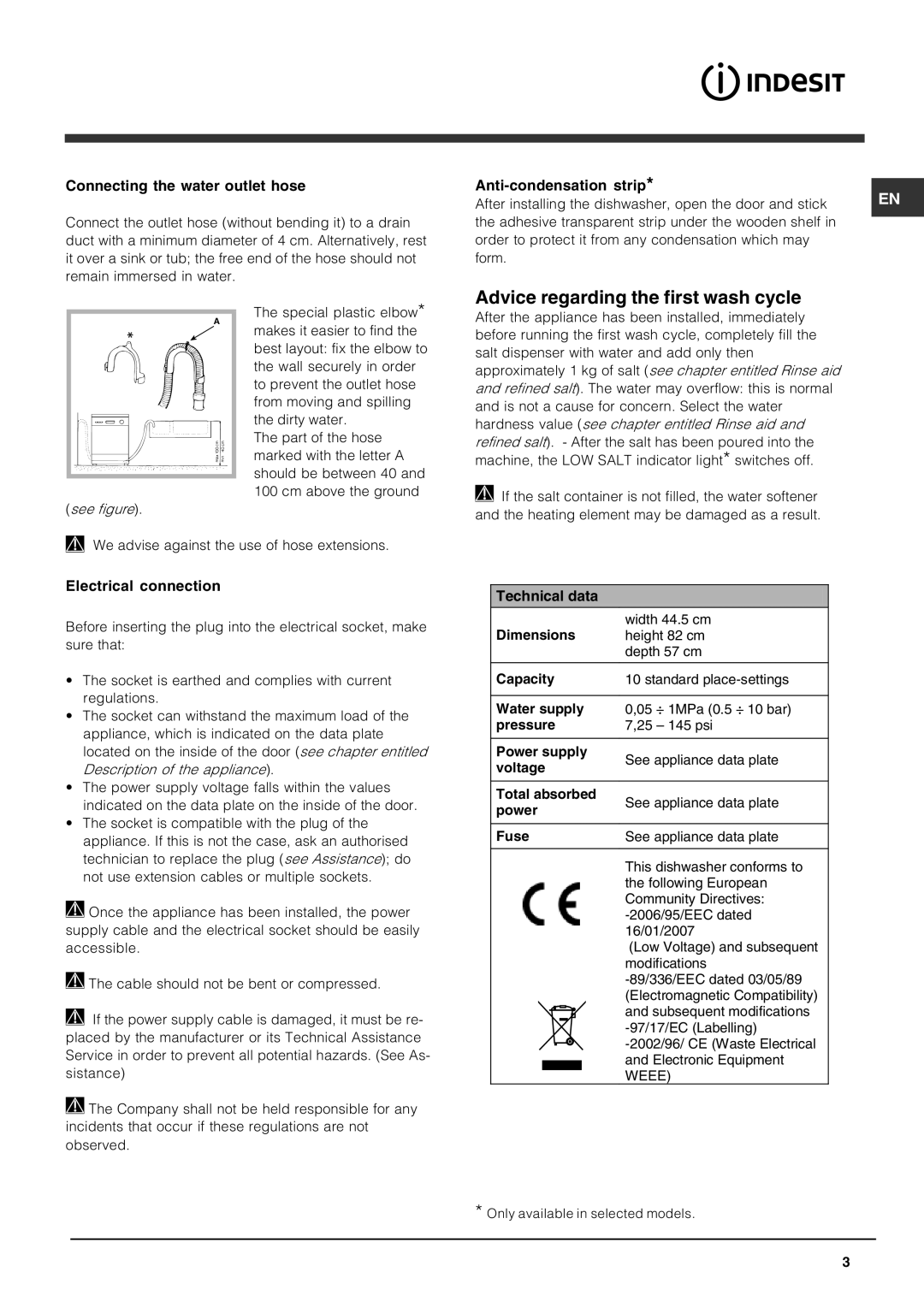 Indesit DIS 04 Advice regarding the first wash cycle, Connecting the water outlet hose, Anti-condensation strip 