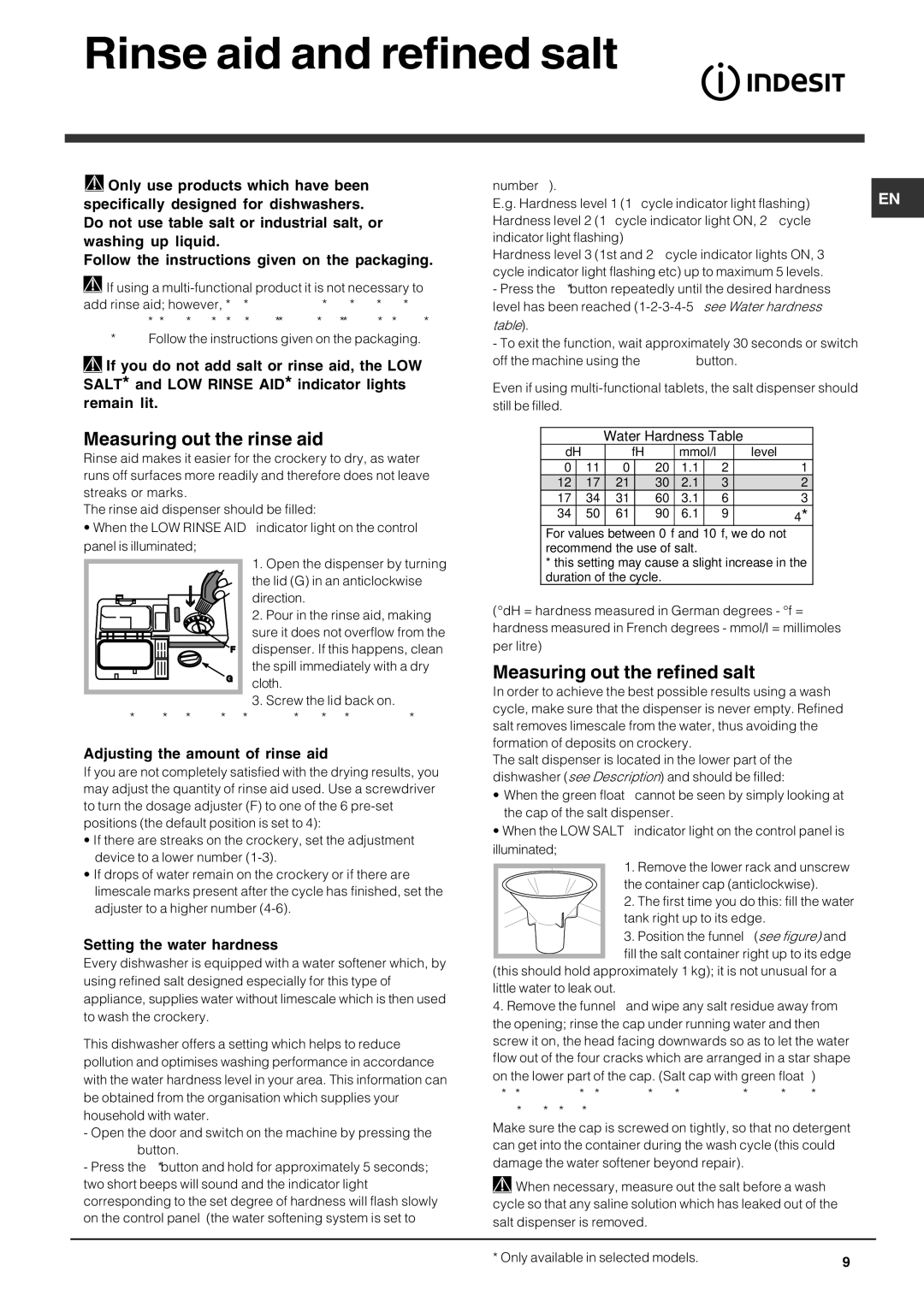 Indesit DIS 04 Rinse aid and refined salt, Measuring out the rinse aid, Measuring out the refined salt 