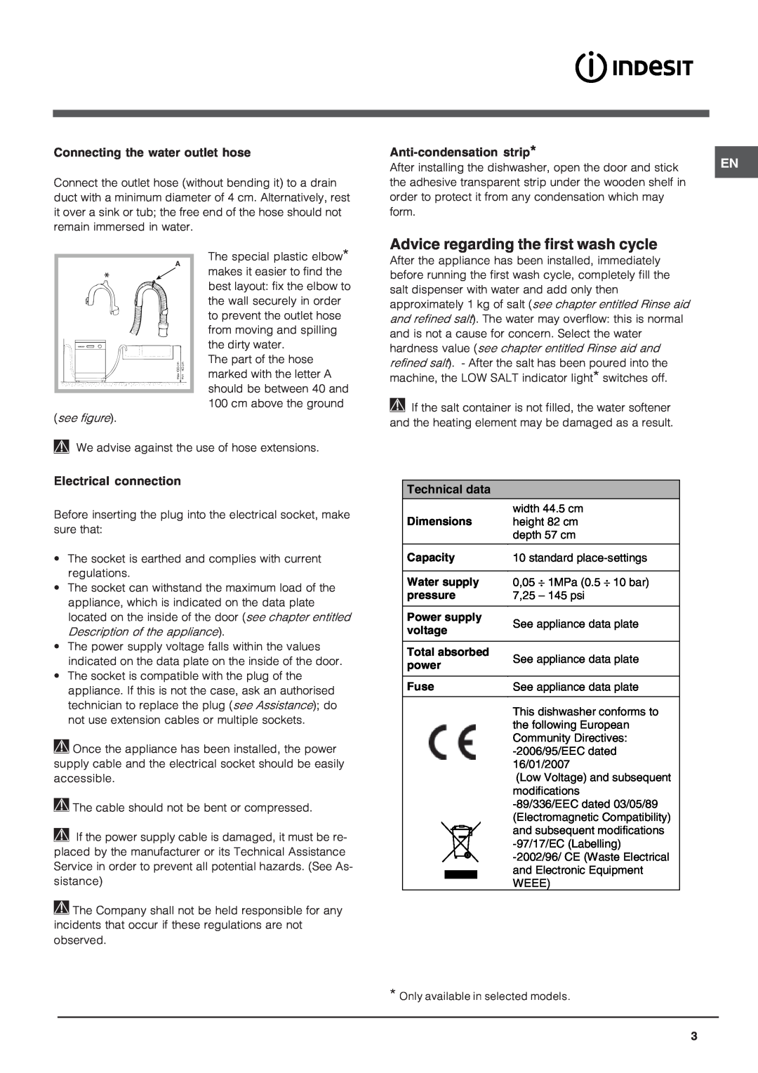 Indesit DIS 04 operating instructions Advice regarding the first wash cycle, Technical data, see figure 