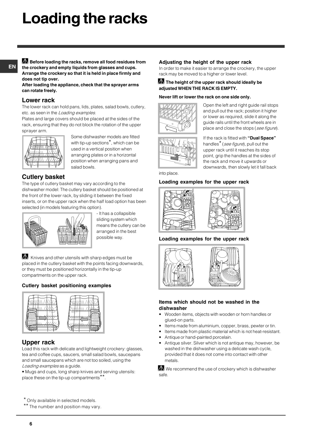 Indesit DIS 04 operating instructions Loading the racks, Lower rack, Cutlery basket, Upper rack 