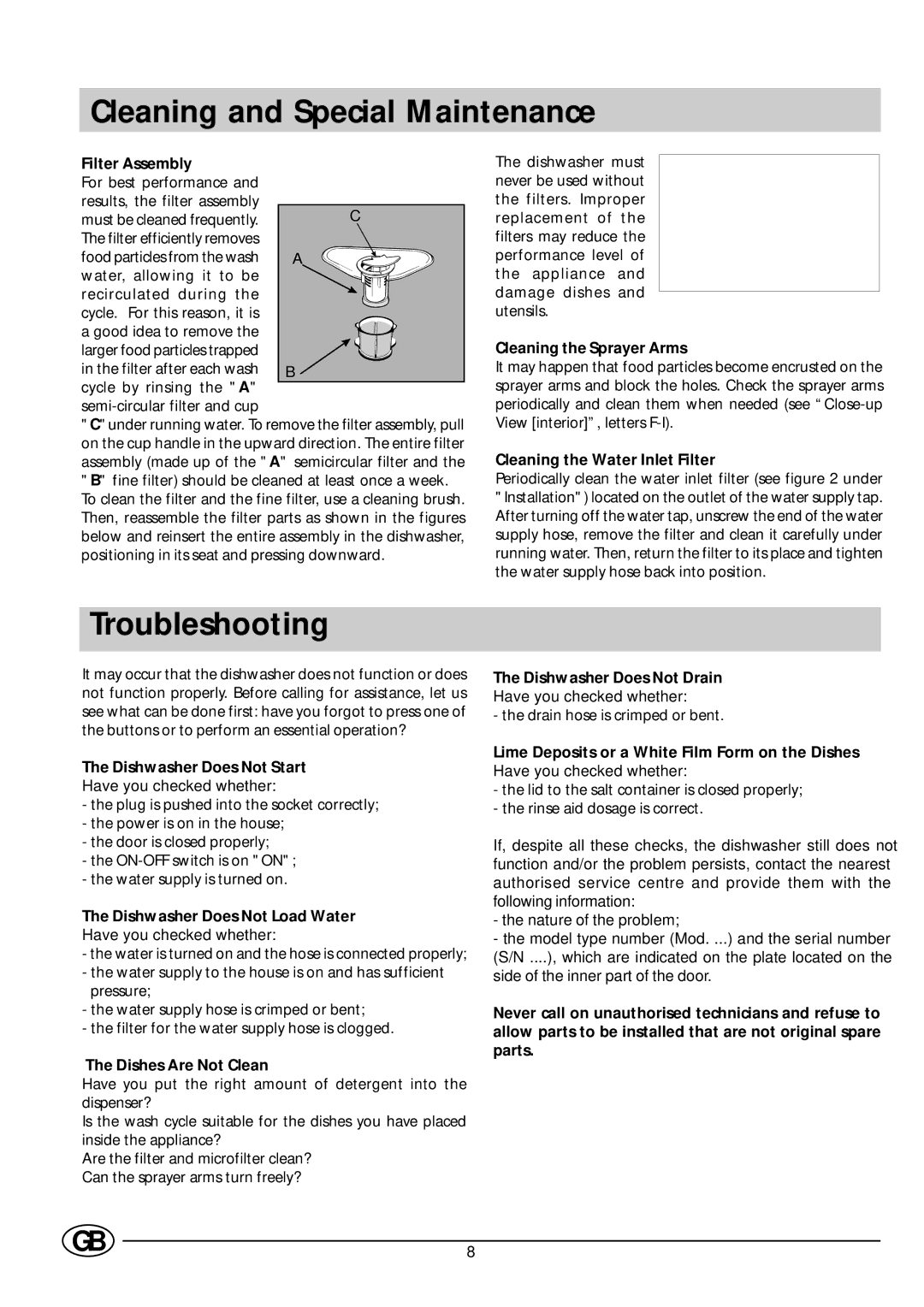 Indesit DV 62 manual Cleaning and Special Maintenance, Troubleshooting 