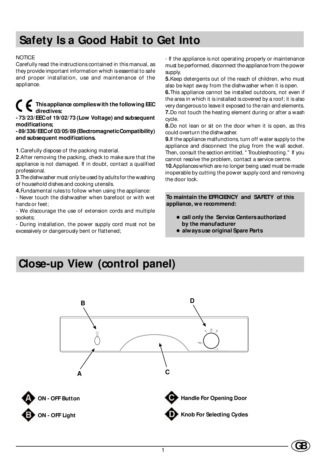 Indesit DV 62 manual Safety Is a Good Habit to Get Into, Close-up View control panel, On OFF Button, On OFF Light 