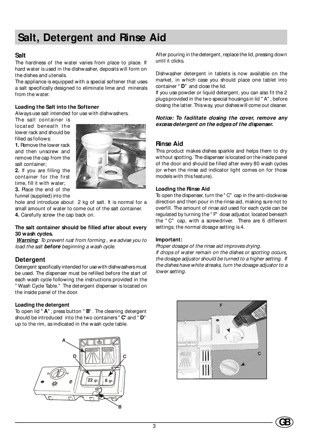 Indesit DV 62 manual Salt, Detergent and Rinse Aid, Loading the Salt into the Softener, Loading the Rinse Aid 