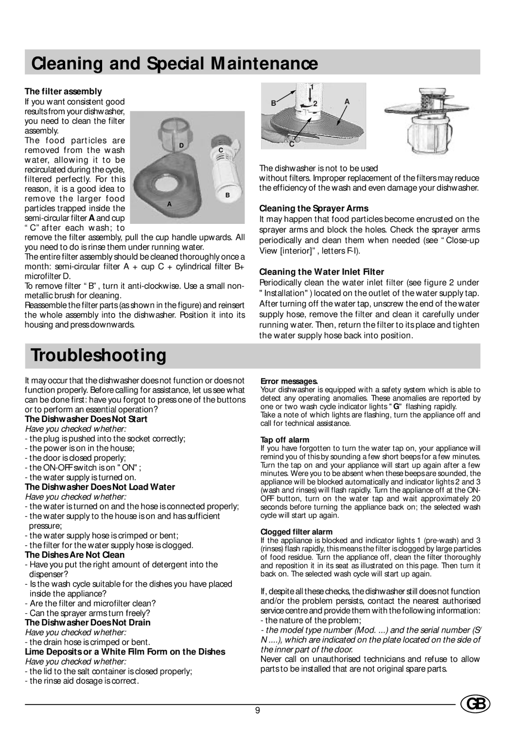 Indesit DV 620 manual Cleaning and Special Maintenance, Troubleshooting 