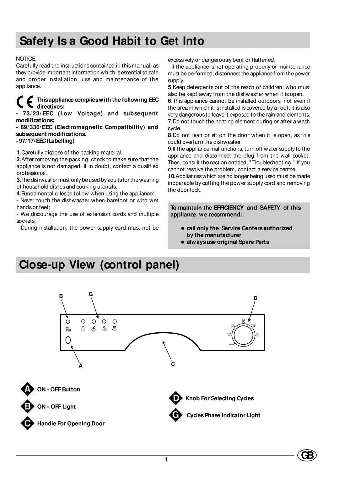 Indesit DV 620 manual Safety Is a Good Habit to Get Into, Close-up View control panel 