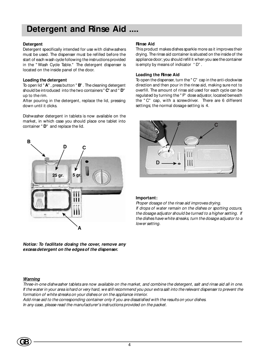 Indesit DV 620 manual Detergent and Rinse Aid, Loading the detergent, Loading the Rinse Aid 