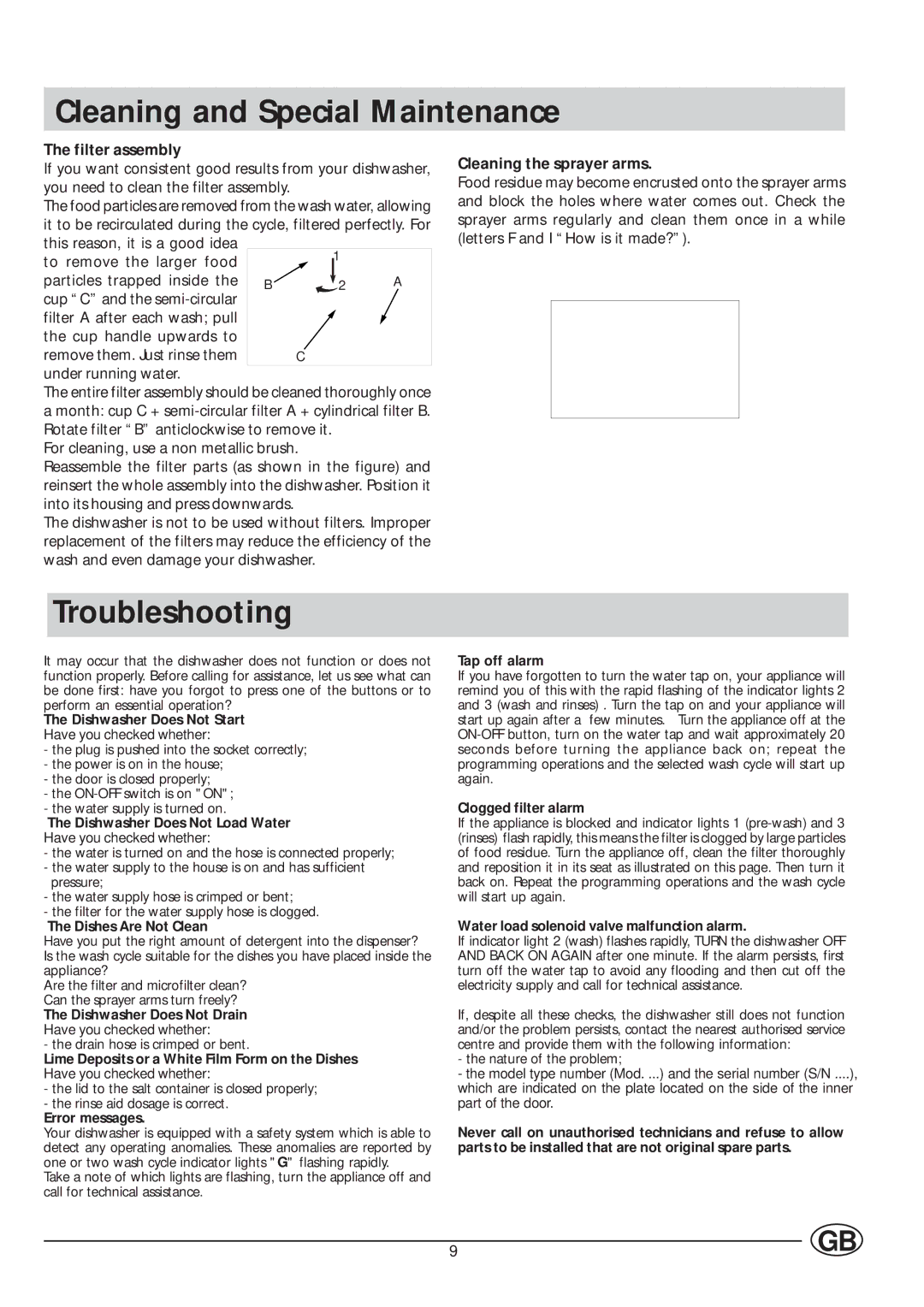 Indesit DVG 622 manual Cleaning and Special Maintenance, Troubleshooting, Filter assembly, Cleaning the sprayer arms 