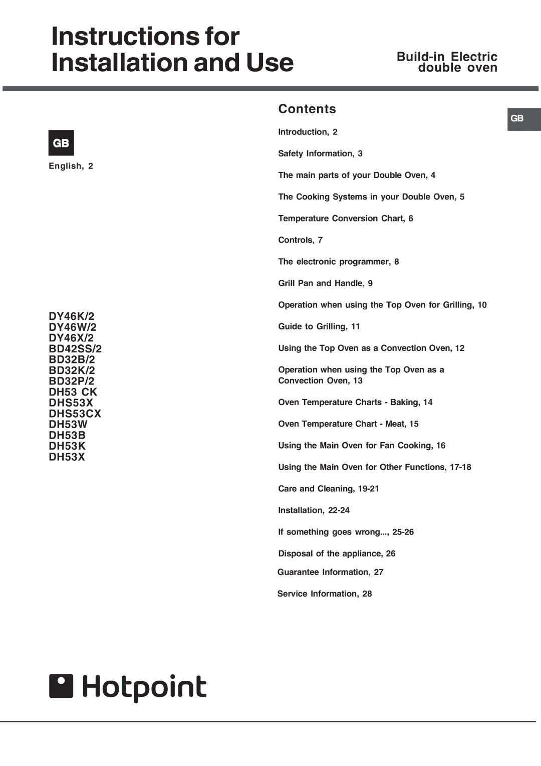 Indesit DY46K/2, DY46X/2, DH53K, DH53B manual Instructions for Installation and Use, Build-in Electric double oven Contents 