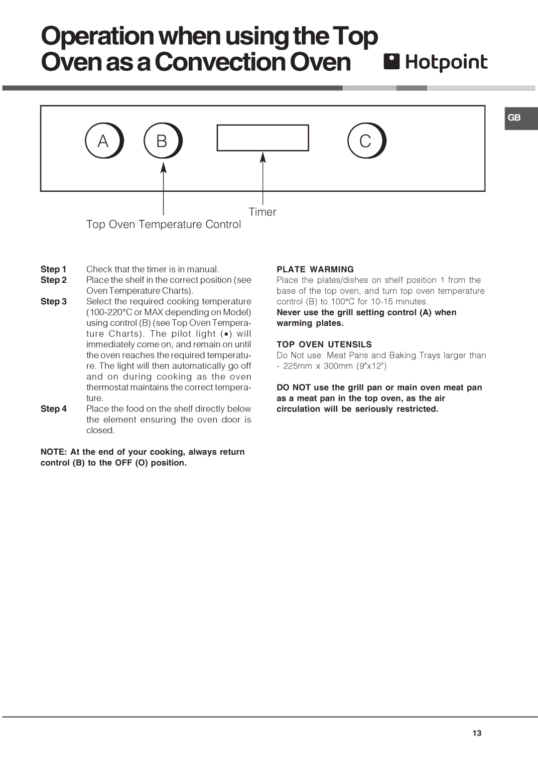 Indesit DHS53CX, DY46X/2, DY46K/2, DH53K OperationwhenusingtheTop OvenasaConvectionOven, Plate Warming, TOP Oven Utensils 