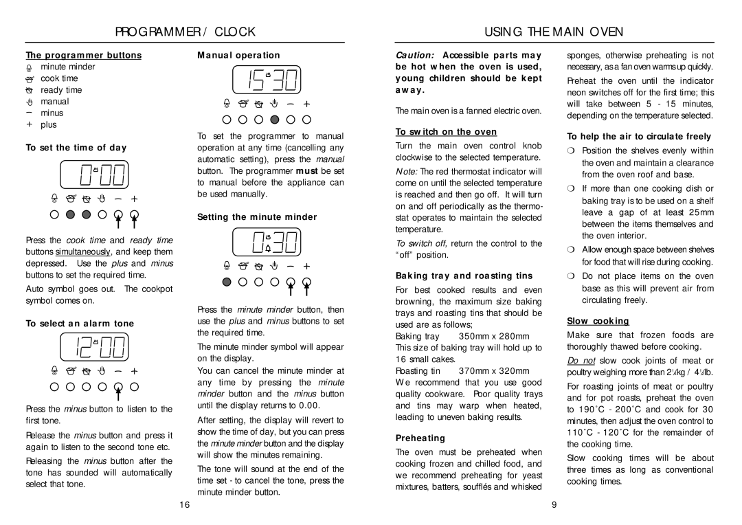 Indesit FDE 10 installation instructions Programmer / Clock Using the Main Oven 