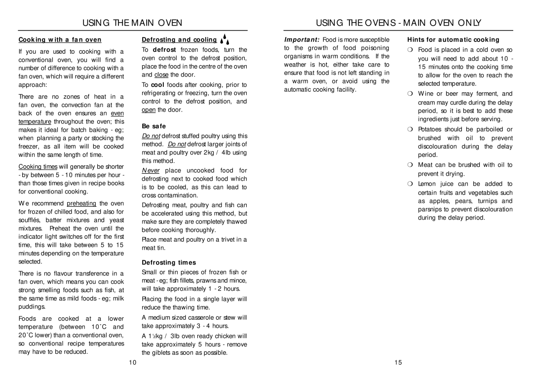 Indesit FDE 10 installation instructions Using the Main Oven Using the Ovens Main Oven only 