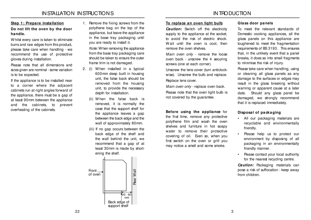 Indesit FDE 10 Installation Instructions Introduction, To replace an oven light bulb, Disposal of packaging 