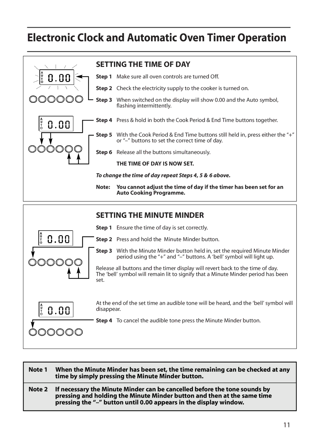 Indesit FDE20 manual Setting the Time of DAY, Setting the Minute Minder 