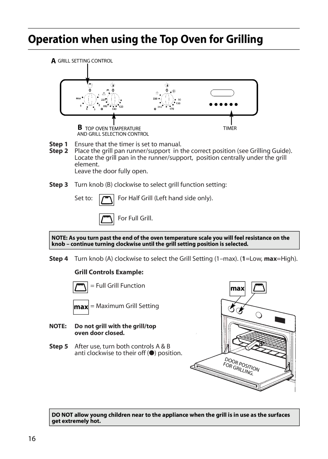 Indesit FDE20 manual Operation when using the Top Oven for Grilling, Max, Grill Controls Example 