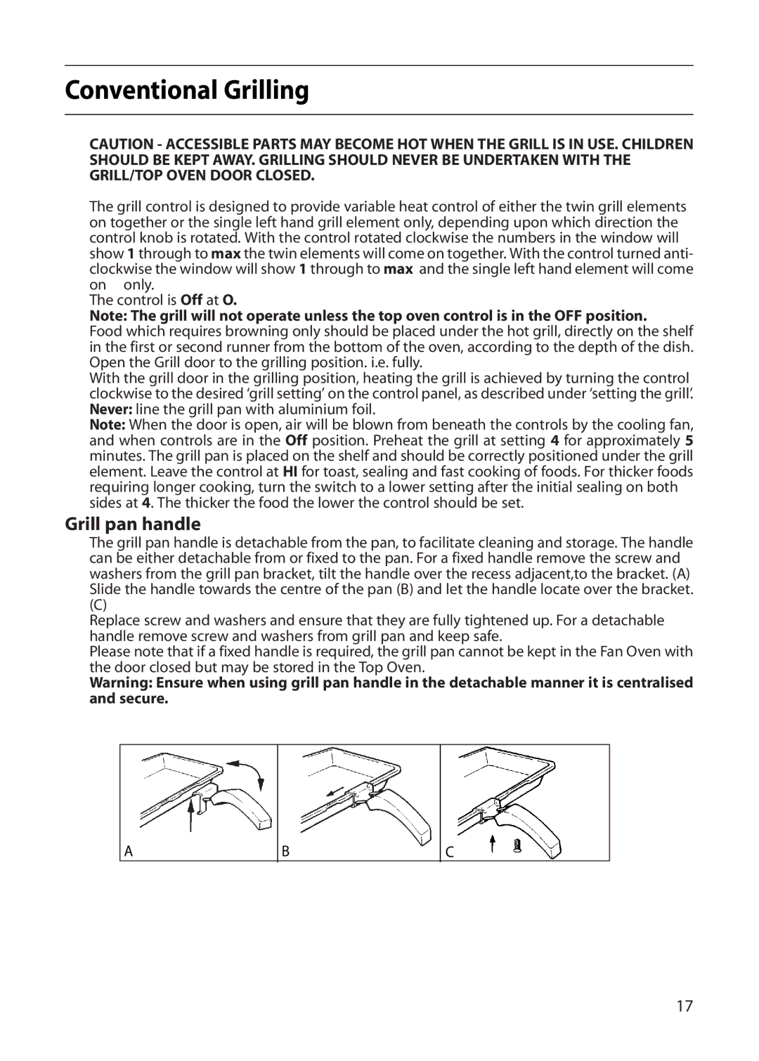 Indesit FDE20 manual Conventional Grilling, Grill pan handle 