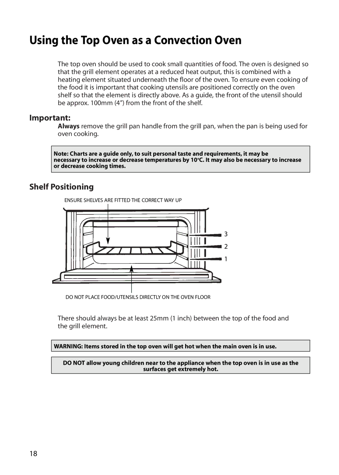 Indesit FDE20 manual Using the Top Oven as a Convection Oven, Shelf Positioning 