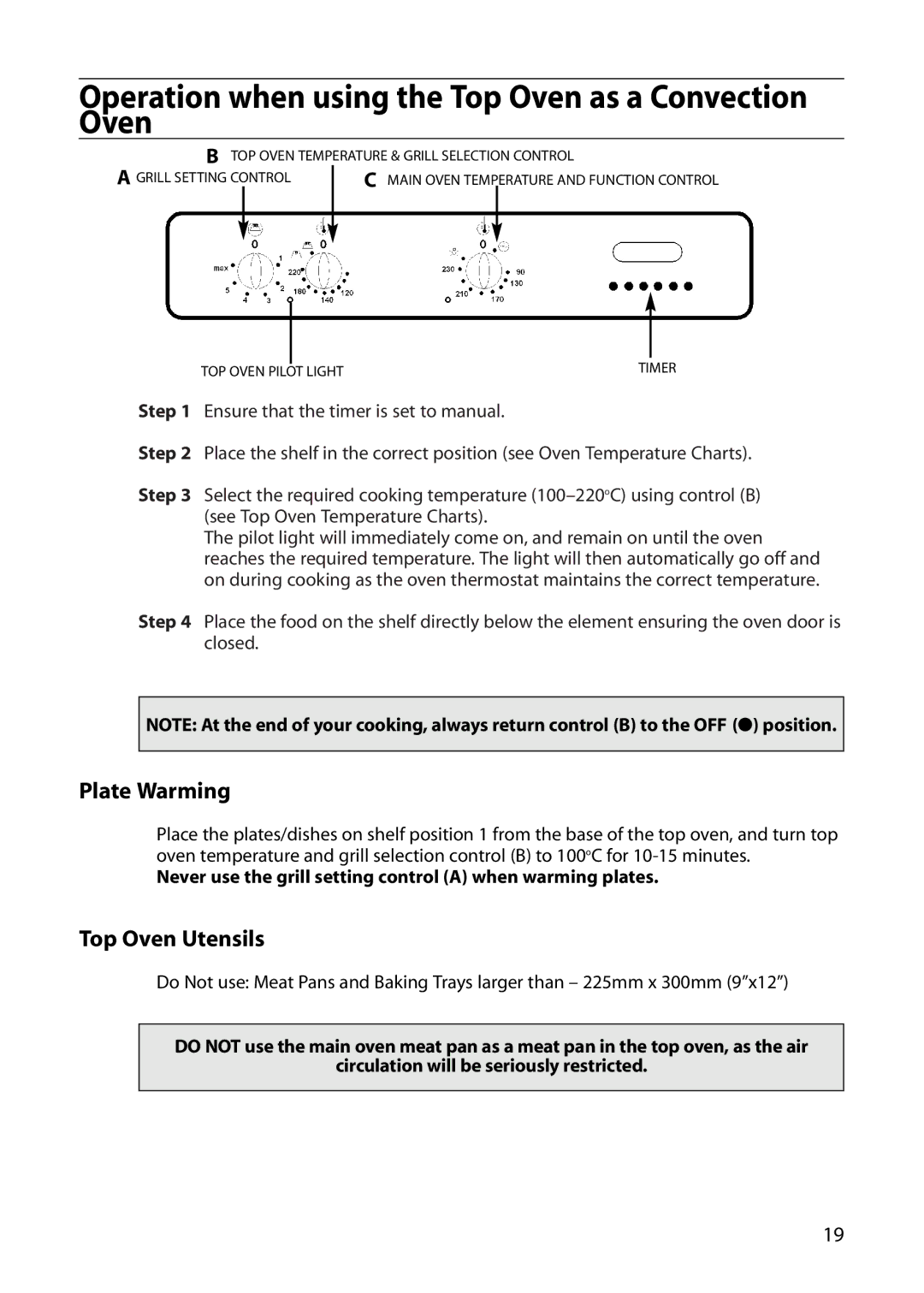 Indesit FDE20 manual Operation when using the Top Oven as a Convection Oven, Plate Warming, Top Oven Utensils 
