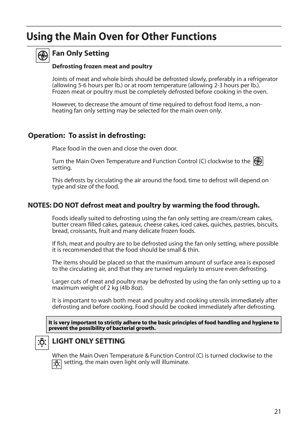 Indesit FDE20 manual Using the Main Oven for Other Functions, Fan Only Setting, Operation To assist in defrosting 