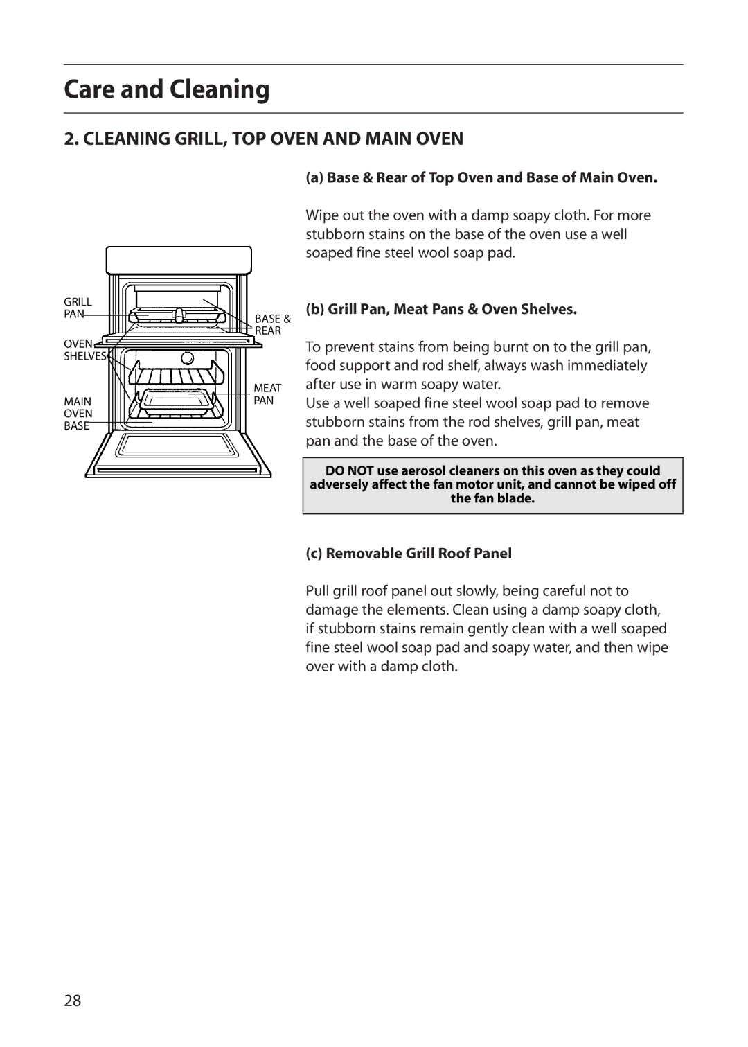 Indesit FDE20 manual Cleaning GRILL, TOP Oven and Main Oven, Base & Rear of Top Oven and Base of Main Oven 