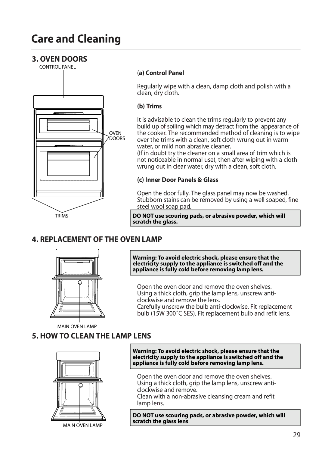 Indesit FDE20 manual Oven Doors, Replacement of the Oven Lamp, HOW to Clean the Lamp Lens 