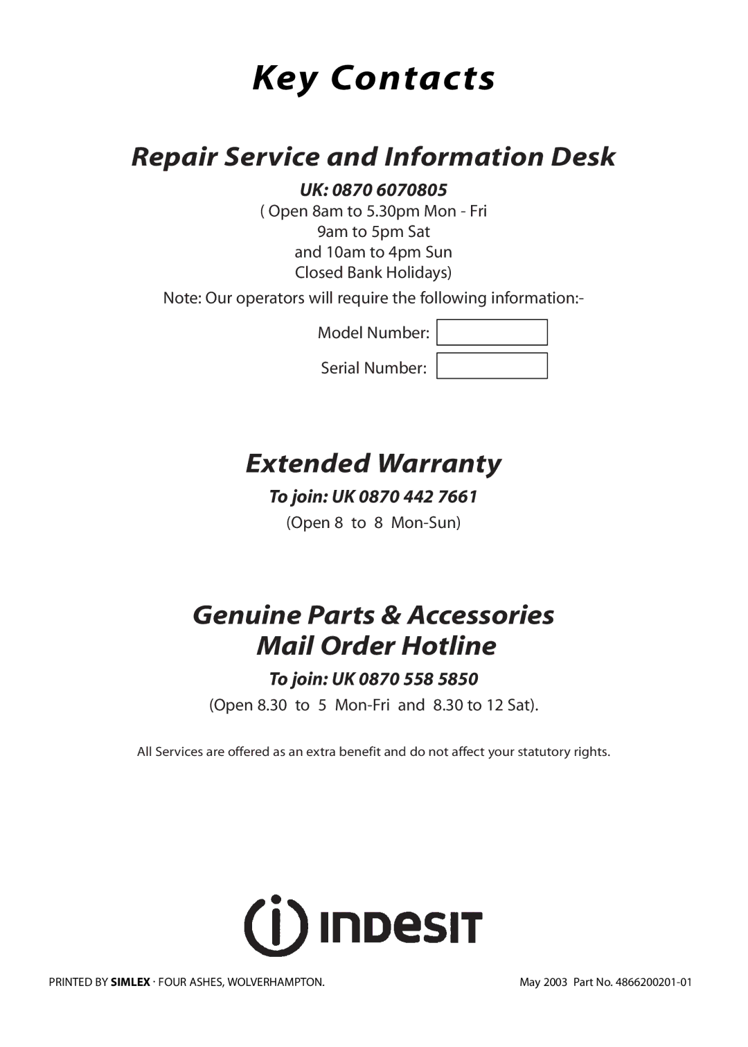 Indesit FDE20 manual Key Contacts 