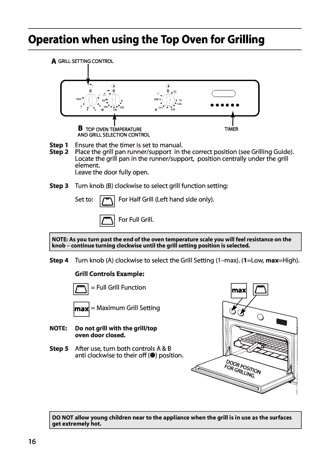 Indesit FDE20 manual Operation when using the Top Oven for Grilling, Grill Controls Example 