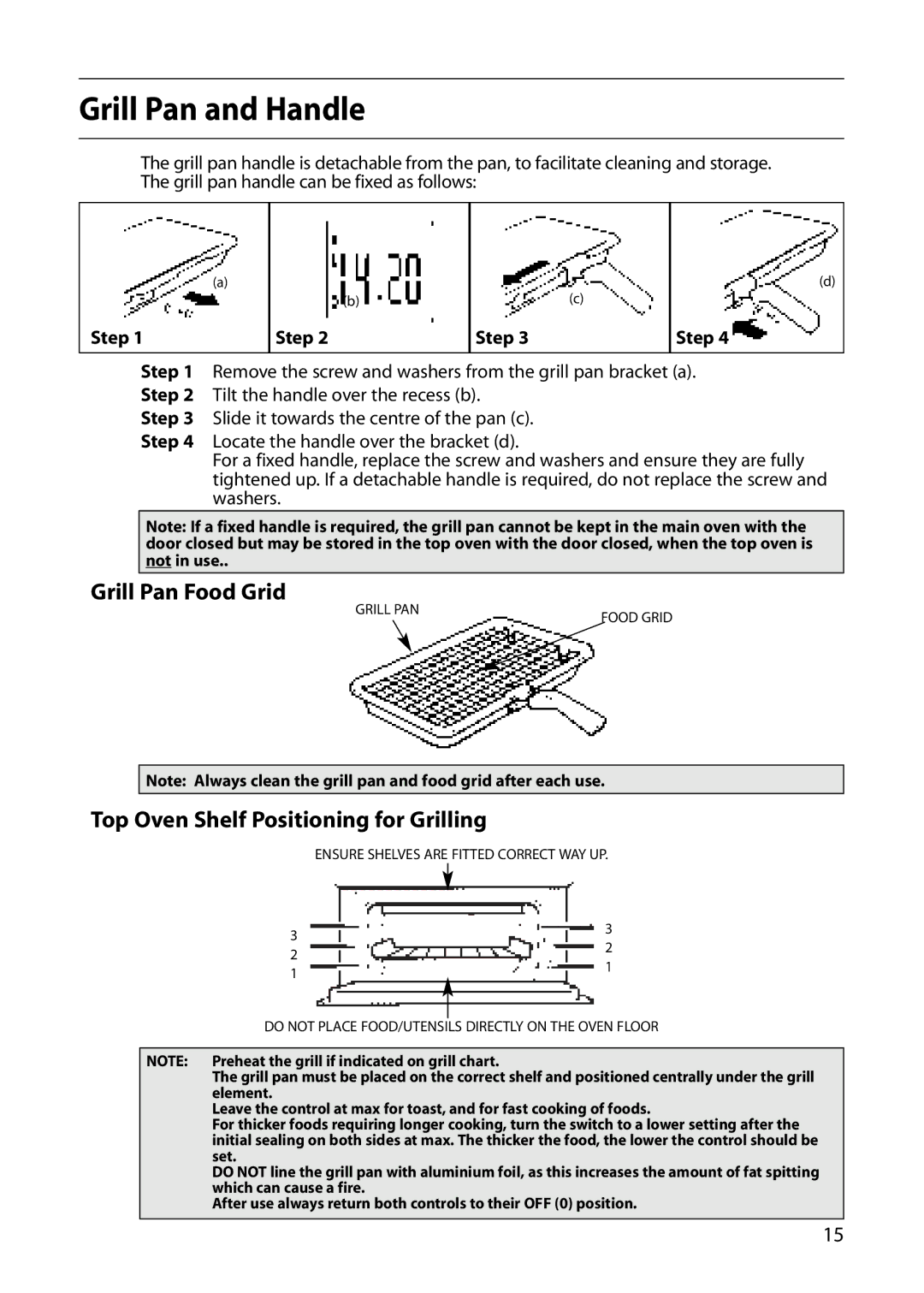 Indesit FDU20 manual Grill Pan and Handle, Grill Pan Food Grid, Top Oven Shelf Positioning for Grilling, Step 