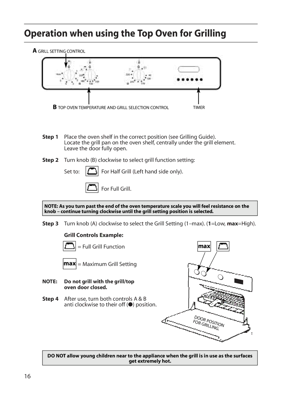 Indesit FDU20 manual Operation when using the Top Oven for Grilling, Grill Controls Example 