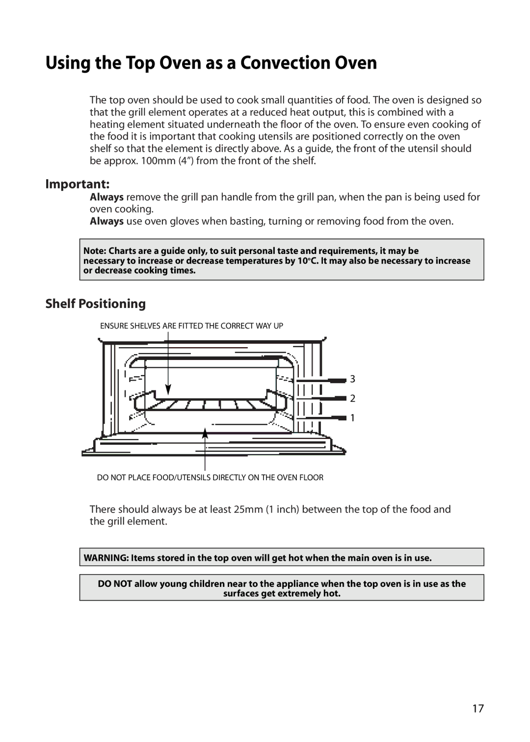 Indesit FDU20 manual Using the Top Oven as a Convection Oven, Shelf Positioning 