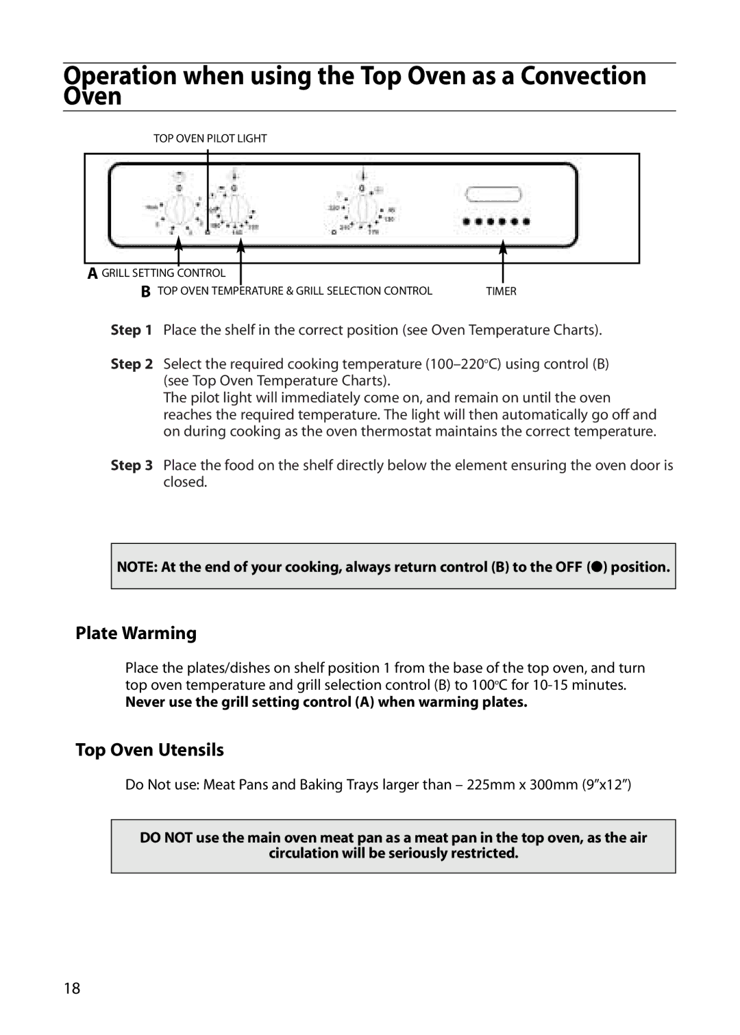 Indesit FDU20 manual Operation when using the Top Oven as a Convection Oven, Plate Warming, Top Oven Utensils 