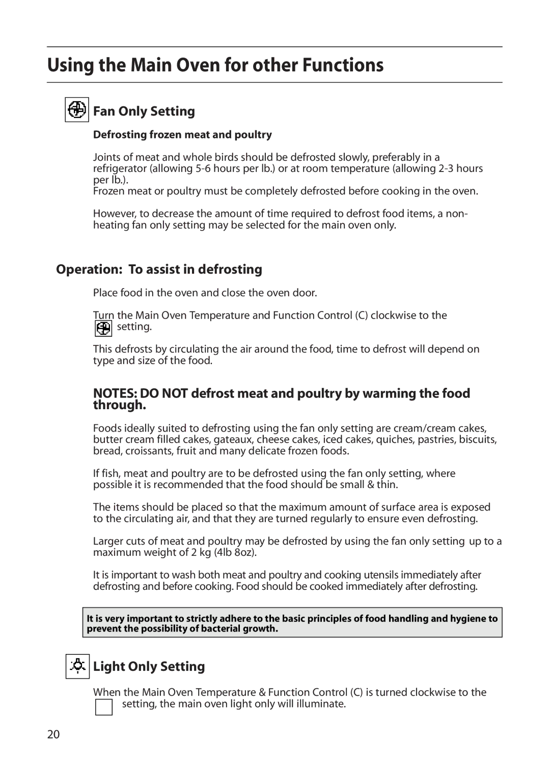 Indesit FDU20 manual Using the Main Oven for other Functions, Fan Only Setting, Operation To assist in defrosting 