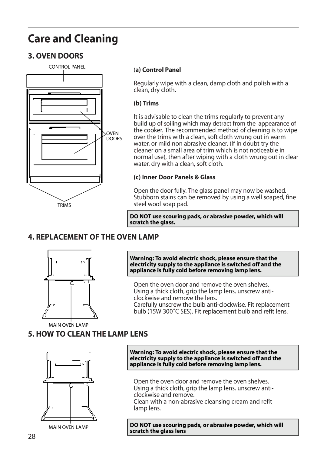 Indesit FDU20 manual Oven Doors, Replacement of the Oven Lamp, HOW to Clean the Lamp Lens 