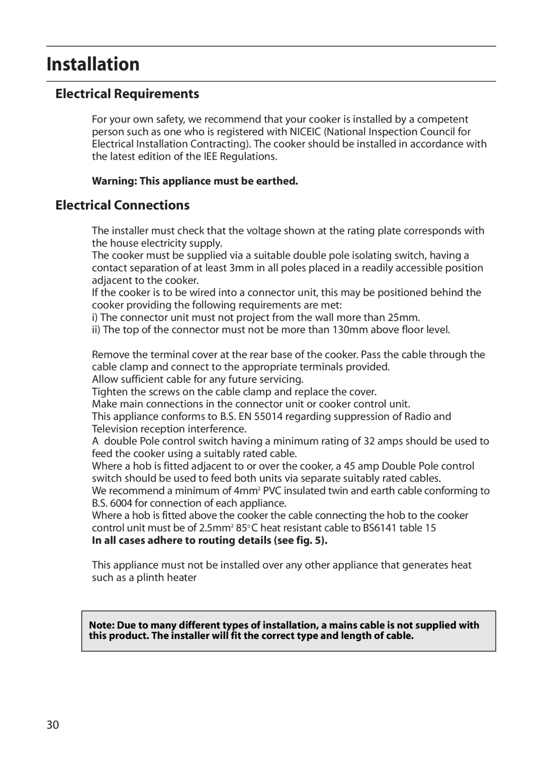 Indesit FDU20 Installation, Electrical Requirements, Electrical Connections, All cases adhere to routing details see fig 