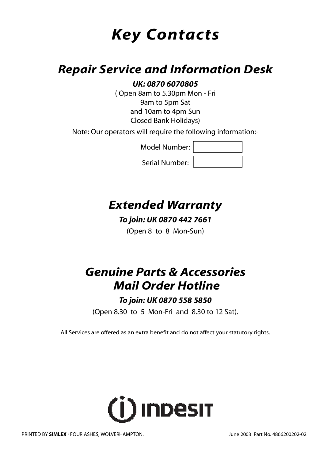 Indesit FDU20 manual Key Contacts 