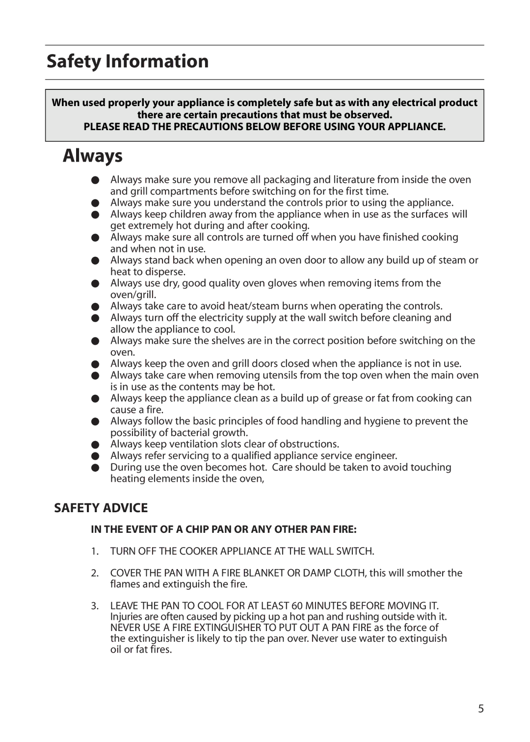 Indesit FDU20 manual Safety Information, Always, Safety Advice 