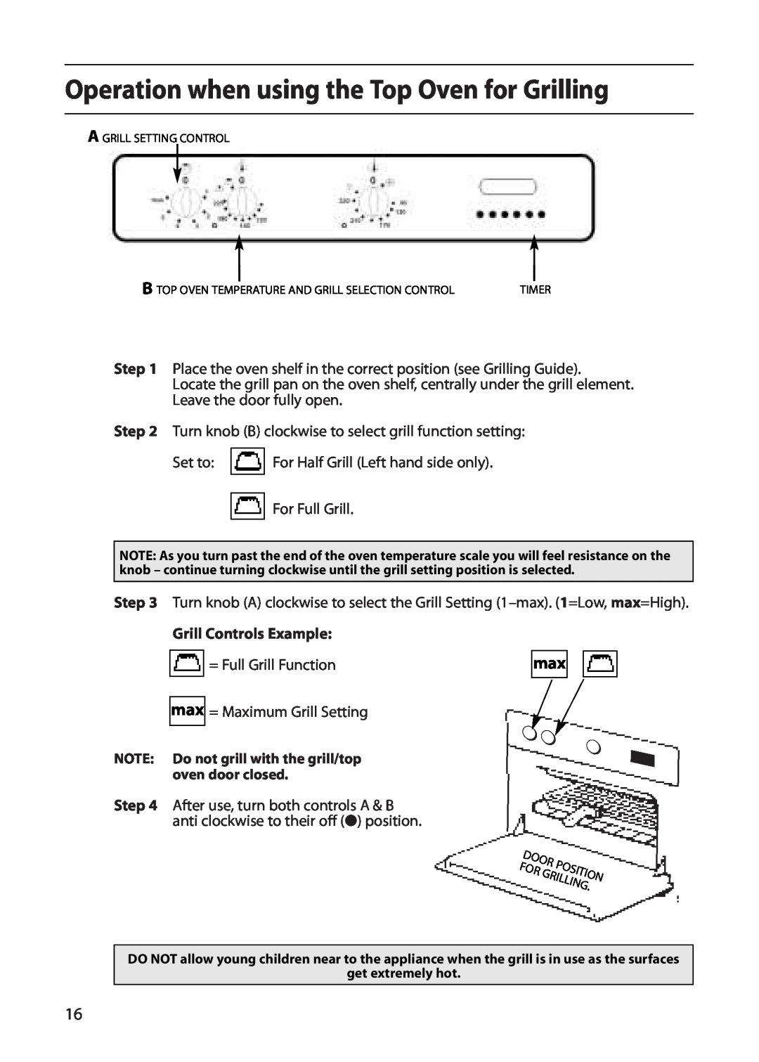 Indesit FDU20 manual Operation when using the Top Oven for Grilling, Grill Controls Example 