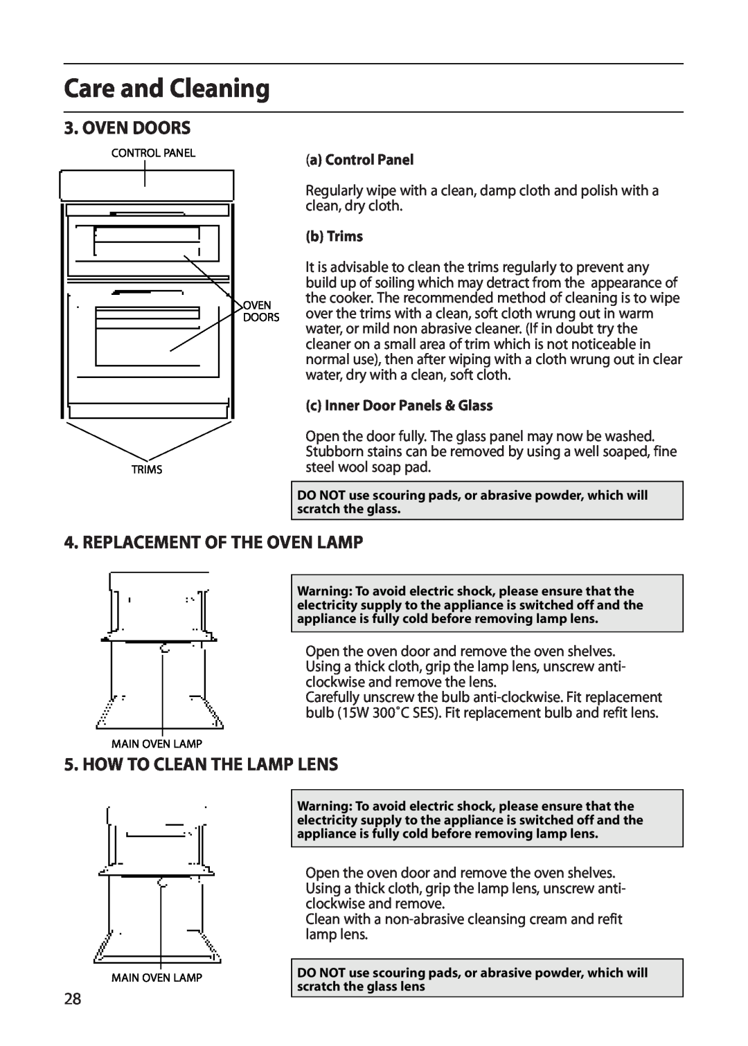 Indesit FDU20 Care and Cleaning, Oven Doors, Replacement Of The Oven Lamp, How To Clean The Lamp Lens, a Control Panel 