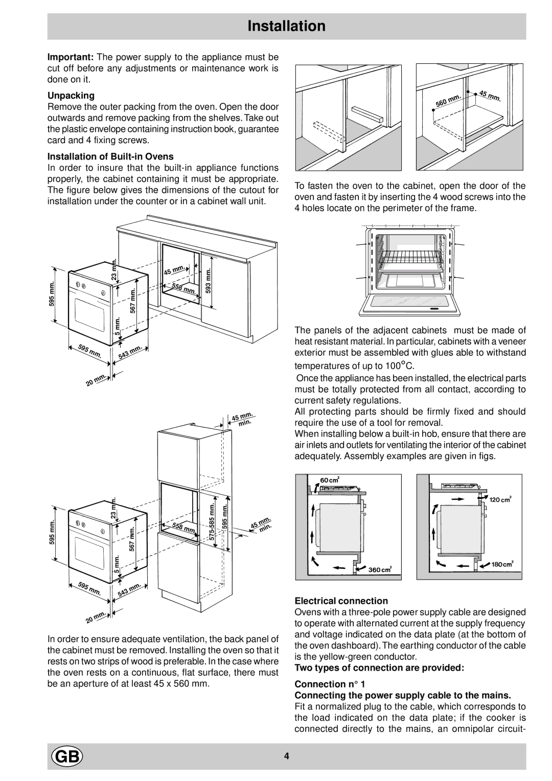 Indesit FE 10 K GB manual Unpacking, Installation of Built-in Ovens, Electrical connection 