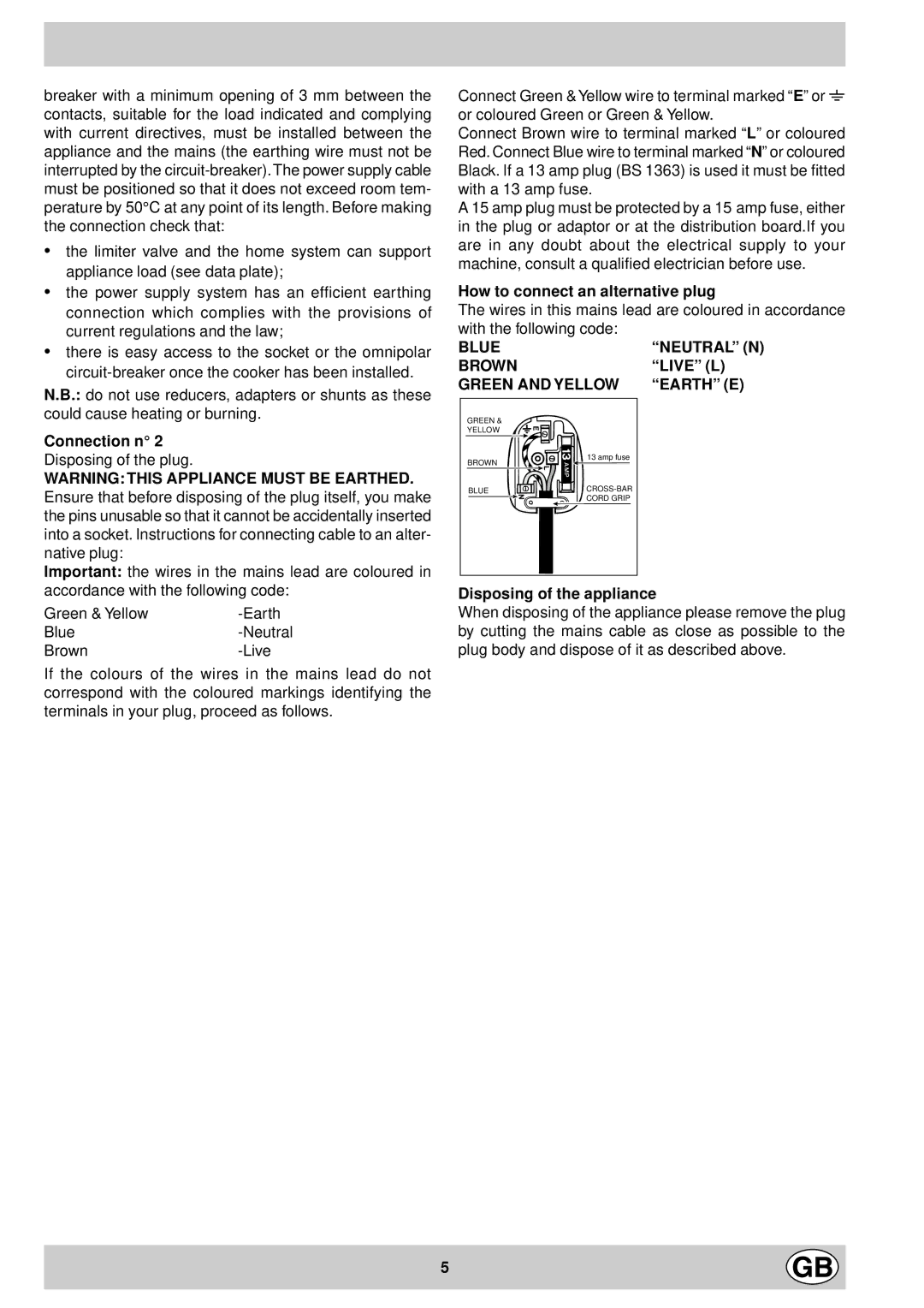 Indesit FE 10 K GB manual How to connect an alternative plug, Live L, Disposing of the appliance 