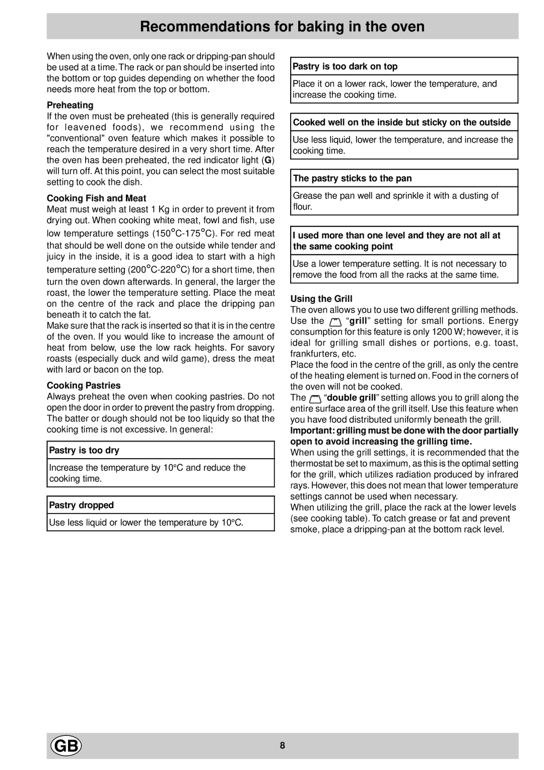 Indesit FE 10 K GB manual Recommendations for baking in the oven 