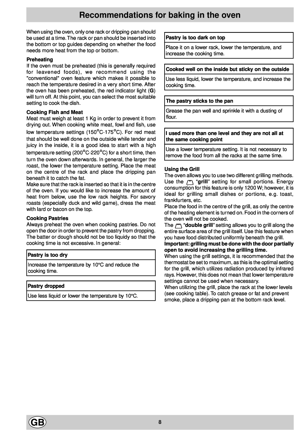 Indesit FE 10 K GB manual Recommendations for baking in the oven, Preheating, Cooking Fish and Meat, Cooking Pastries 