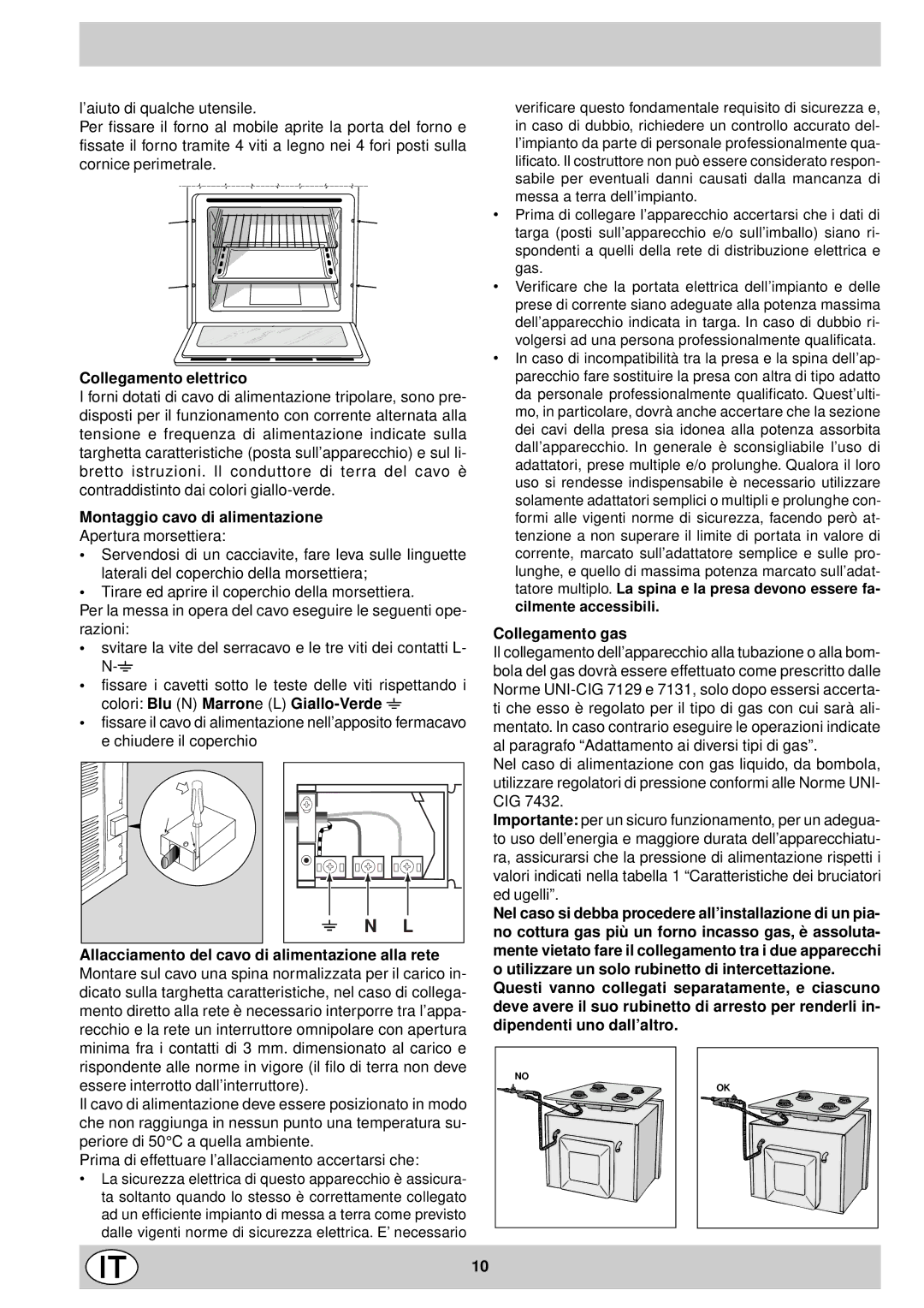 Indesit FG10KBK.1 manual Collegamento elettrico, Montaggio cavo di alimentazione, Collegamento gas 