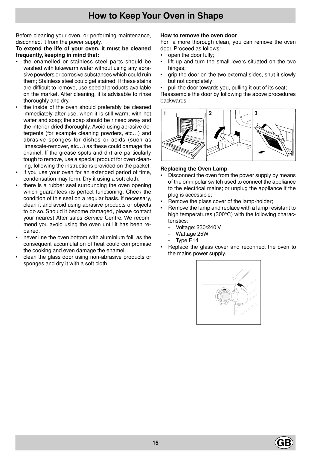 Indesit FG10KBK.1 manual How to Keep Your Oven in Shape, How to remove the oven door, Replacing the Oven Lamp 